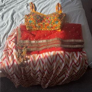 Colorful Floral Crop Top and Yellow/Orange Lehenga Set